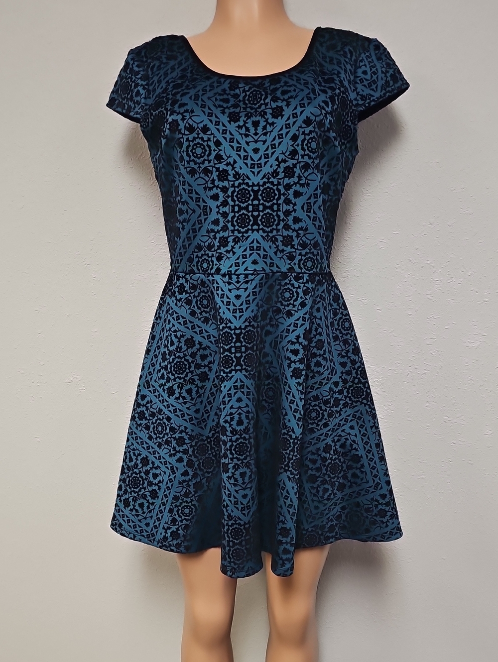 Xhilaration Teal Patterned Fit & Flare Mini Dress